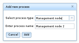 Most content is described in the surrounding text. Shows a window titled
"Add new process" with two options: "Select process type:" that shows a
select box with "API node" selected, and "Enter process name:" with
"API node 4" entered as plain text. Action buttons include
"Cancel" and "Add".