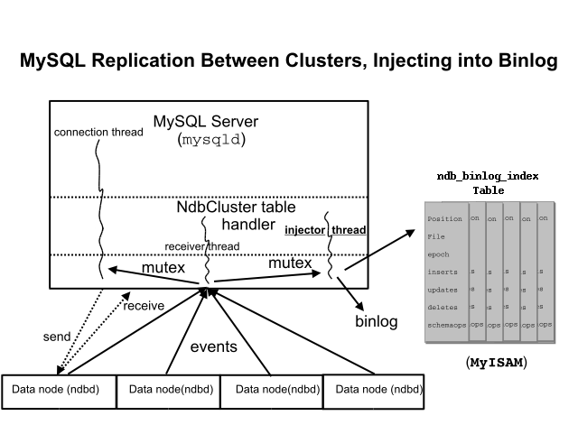 Most concepts are described in the surrounding text.
This complex image has three main areas. The top area is divided into three
s: MySQL Server (mysqld), NdbCluster table handler, and mutex.
A connection thread connects these three areas, and receiver and injector
threads connect NdbCluster table handler and mutex. The bottom area lists
four data nodes (ndbd). They all have events arrows pointing to the receiver
thread, and the receiver thread also points to the connection and injector
threads. One node sends and receives to the mutex area. The injector thread
points to a binlog and also the third area in this image: the
ndb_binlog_index table, a table described in the surrounding text.