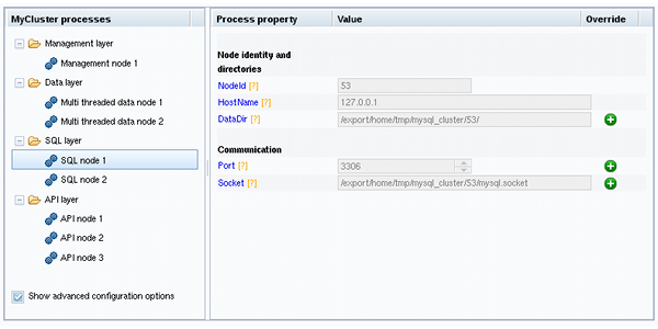 Most content is described in the surrounding text.
SQL Node 1 is selected and displays property fields for "NodeId",
"HostName", "DataDir", "Port", and "Socket". The "DataDir", "Port",
and "Socket" rows include a green plus sign button on the right indicating
that they can be edited.