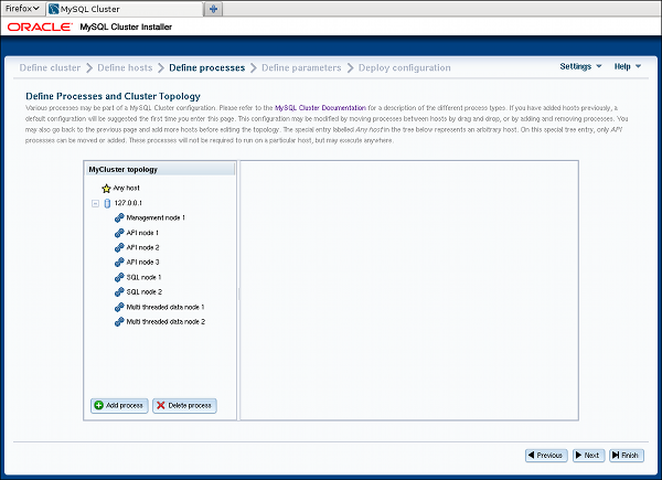 Content is described in the surrounding text. The example process
tree topology includes "Any host" and "127.0.0.1", as defined earlier.
The 127.0.0.1 example includes the following processes: Management mode
1, API node 1, API node 2, API node 3, SQL node 1, SQL node 2,
Multi threaded data node 1, and Multi threaded data node 2. This panel also
includes "Add process" and "Delete process" buttons.