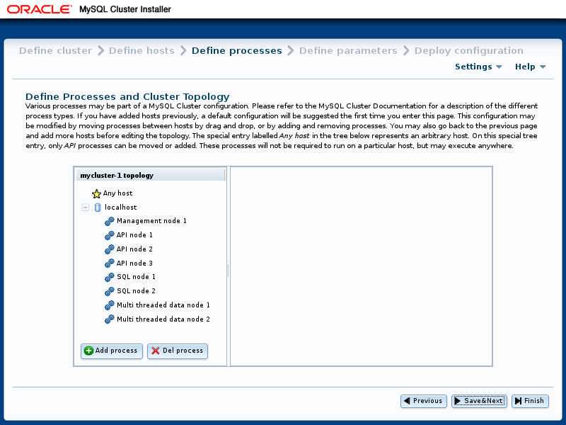 Content is described in the surrounding text. The example process
tree topology includes "Any host" and "localhost", as defined earlier.
The localhost tree includes the following processes: Management mode 1,
API node 1, API node 2, API node 3, SQL node 1, SQL node 2, Multi threaded
data node 1, and Multi threaded data node 2. This panel also includes
"Add process" and "Del[ete] process" buttons.