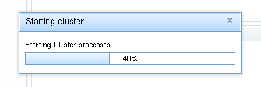 Progress bar showing status of node startup process. The small window
is titled "Starting cluster" with a progress bar at 40% in the "Starting
Cluster processes" phase of the operation.