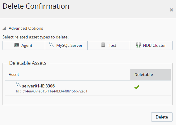 Example of the delete confirmation dialog for a MySQL instance.