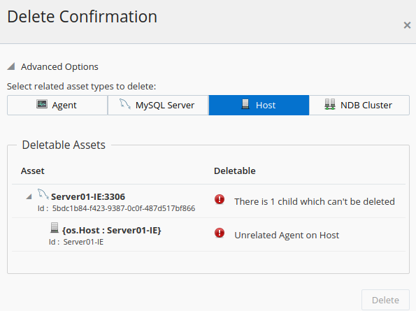 Example of the delete confirmation dialog for a MySQL instance
with related host selected.