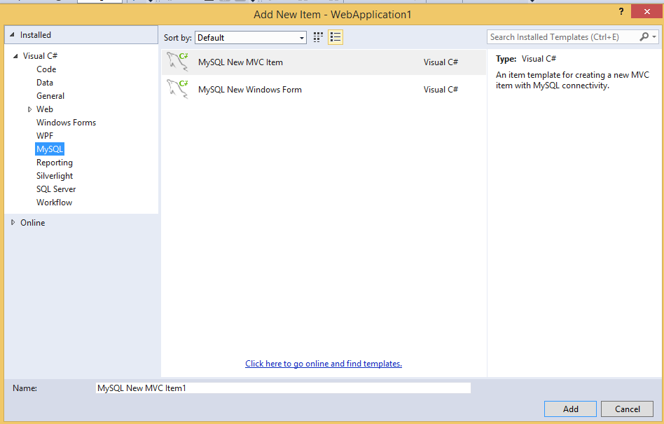 The MySQL menu options