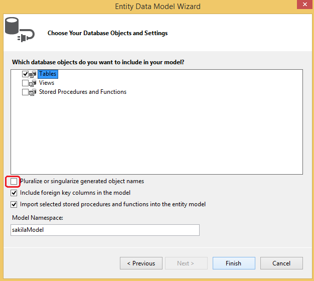 Selecting the database object to include in the model