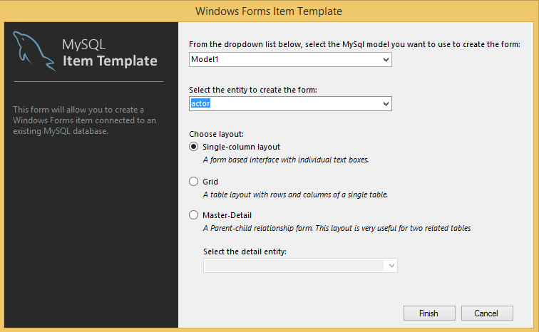 The "MySQL Windows Form" Item Template dialog, with the layout options