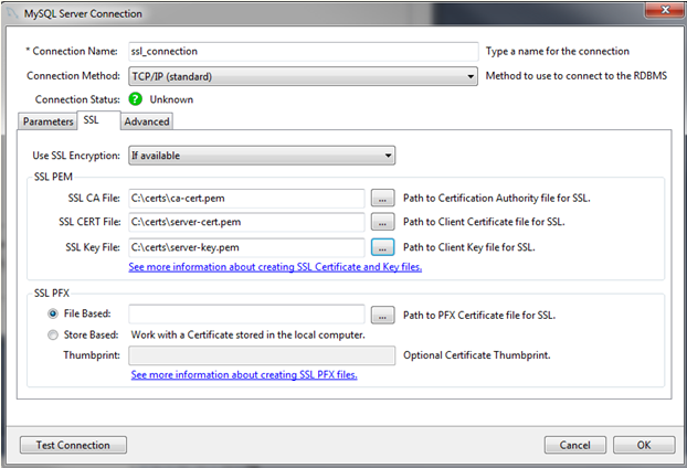 SSL PEM options and example values. SSL CA File: C:\certs\ca-cert.pem,
SSL CERT File: C:\certs\server-cert.pem, SSL Key File:
C:\certs\server-key.pem.