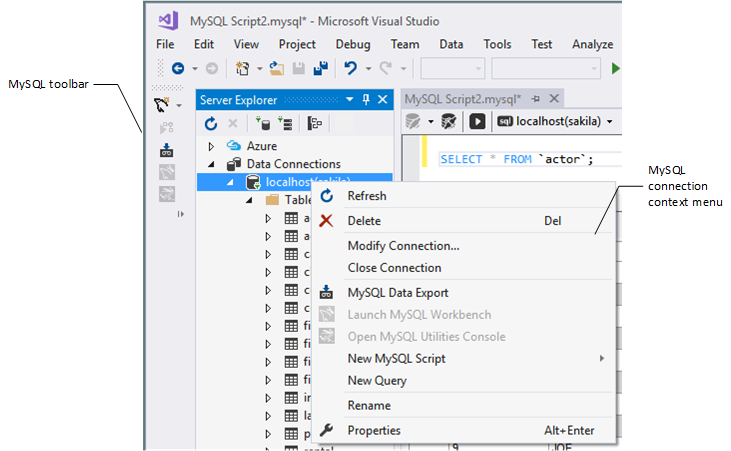 The MySQL for Visual Studio Toolbar