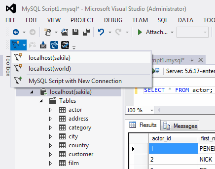 The MySQL for Visual
Studio Toolbar: Connections