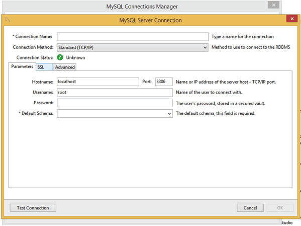 MySQL Connections Manager Dialog: New Connection