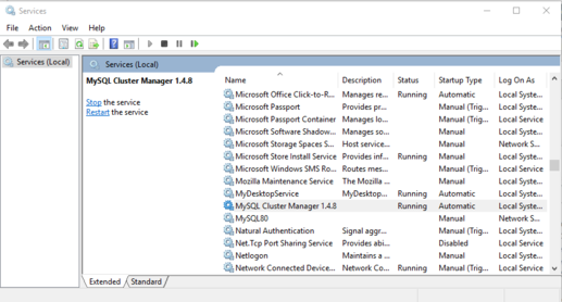 Windows Service Manger showing MySQL Cluster Manager has been
started as a service.