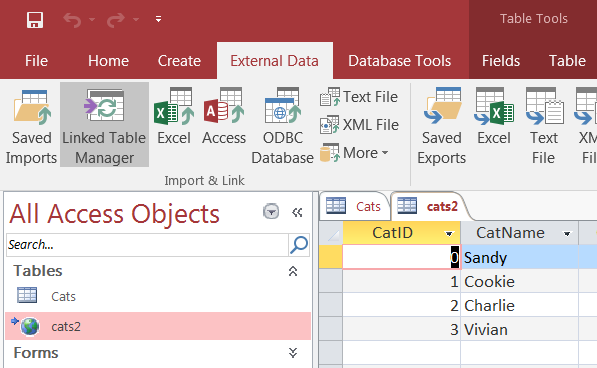 Shows "Linked Table Manager" under the "External Data" tab in Microsoft
Access. Underneath are two panes: The All Access Objects pane shows the
available tables, and the second pane shows data from the table.
The "cats2" table is selected.
