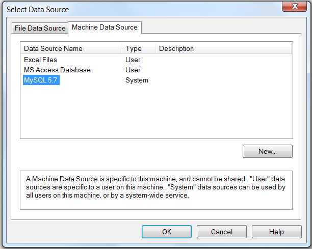 Shows the Select Data Source dialog with the "Machine Data Source" tab
active and an example Data Source Name "MySQL 5.7" selected.