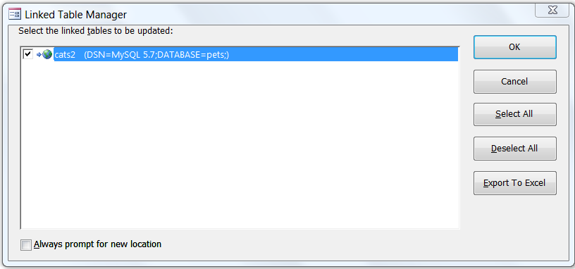 Shows the "Linked Table Manager" dialog with the cats2 table selected
with its associated checkbox selected.