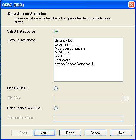 Three options include "Select Data Source" that displays a list of
selectable pre-configured Data Source Names, "Find File DSN" with a select
box to choose a file, and "Enter Connection String" to manually enter a
connection string.