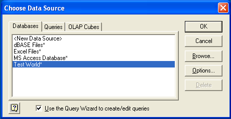 Shows the initial "Choose Data Source" dialog in the Microsoft
Query wizard. The three available tabbed sections are "Databases",
"Queries", and "OLAP Cubes". The "Databases"
tab is selected that shows the following fields: "New Data Source",
"dBASE Files", "Excel Files", "MS Access
Database" and "Test World" where "Test World" is
selected. The "Use the Query Wizard to create/edit queries"
option's checkbox is selected.