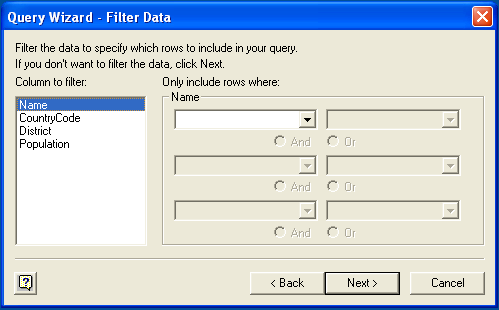 The left pane titled "Column to filter" lists available
columns, and the right pane titled "Only include rows where" with
six select boxes each with "And" and "Or" options for
defining the filter's WHERE clause behavior.