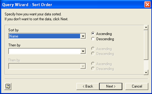 Shows sorting options "Sort by" and "Then by", each with "Ascending" and
"Descending" options.