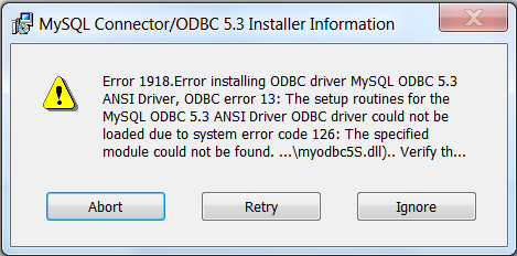 Shows an "Error 1918" popup window containing the key phrase
"This module cannot be found." Available buttons shown are "Abort", "Retry",
and "Ignore".