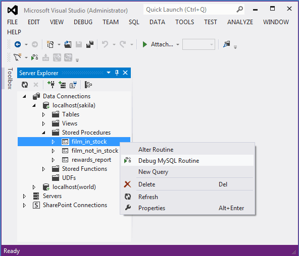 Screen capture of stored procedure debugger,
showing how to choose a stored routine to debug