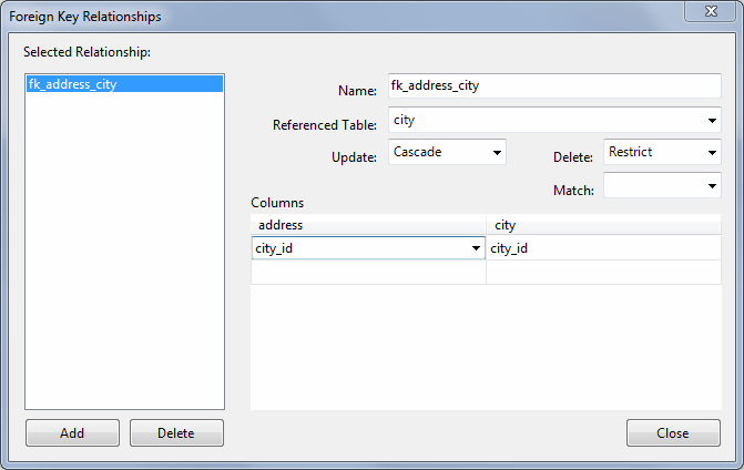 Foreign Key Relationships Dialog