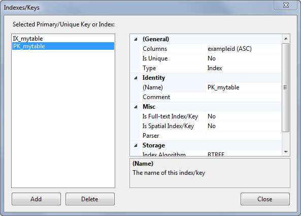 Indexes and Keys Dialog