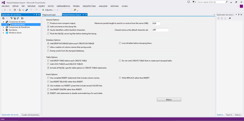 Screen capture for MySQL for Visual Studio Data
Export Tool: Advanced Options