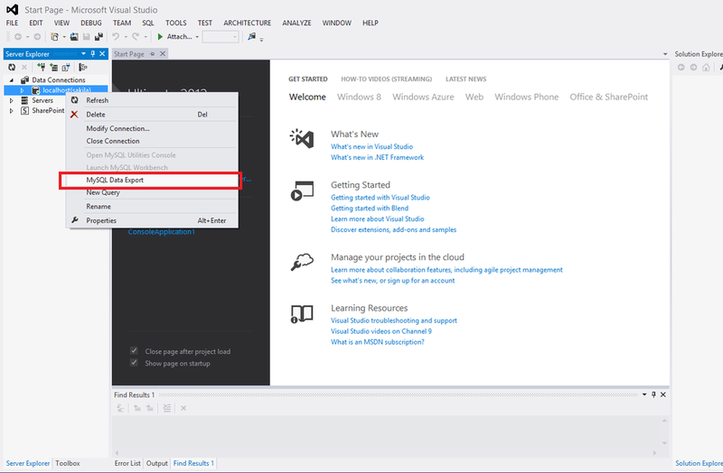 Screen capture for MySQL for Visual Studio
Database Export Tool: Connection Context Menu