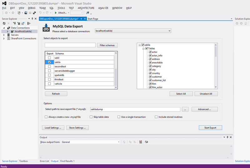 Screen capture for MySQL for Visual Studio
Data Export Tool: Generating the Dump File