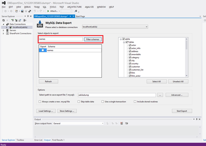 Screen capture for MySQL for Visual Studio
Data Export Tool: Filtering the Schemas