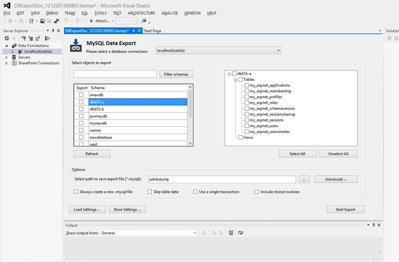 Screen capture of MySQL for Visual Studio Database Export
Tool: Main Window