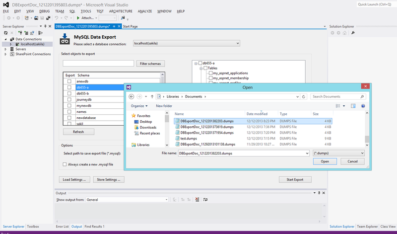 Screen capture for MySQL for Visual
Studio Database Export Tool: Opening a Setting File