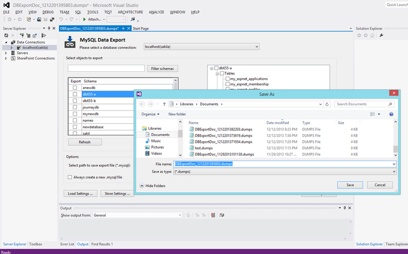 Screen capture for MySQL for Visual Studio Database Export
Tool: Saving a Setting File