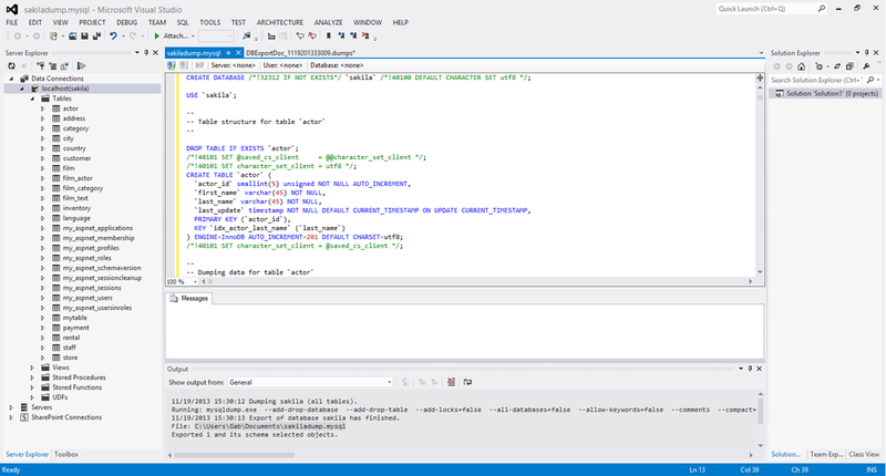 Screen capture for MySQL for Visual Studio
Data Export Tool: Viewing the Generated Script