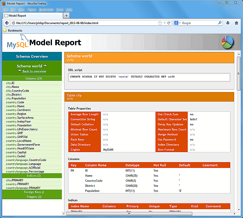 Model report showing schema overview, DDL script, tables,
columns, and so on.