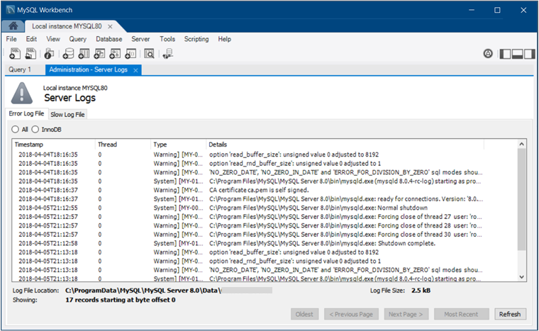 Error Log File tab showing Oldest, Previous Page, Next
Page, Most Recent, and Refresh buttons.