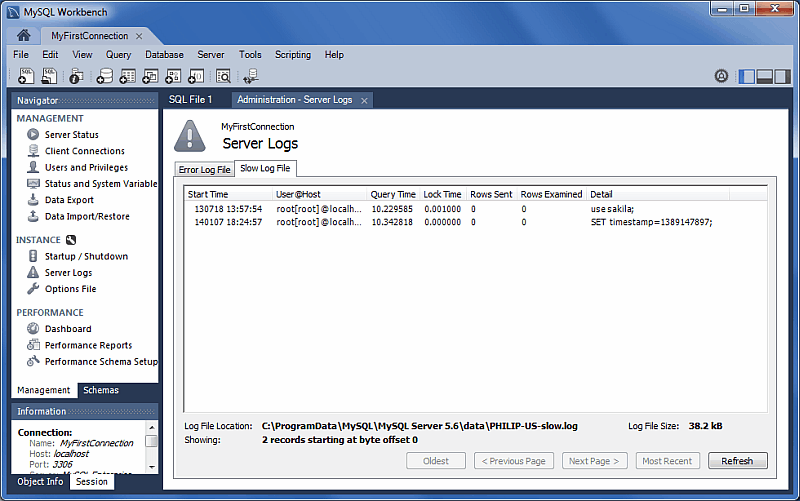 Slow Log File tab showing Oldest, Previous Page, Next Page,
Most Recent, and Refresh buttons.