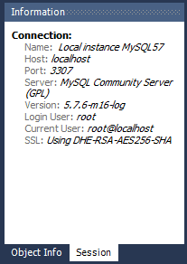 Connection: Name, Host, Port, Server, Version,
Login User, Current User, and SSL.