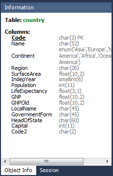Information for an example table object
shows the columns of the selected table.
