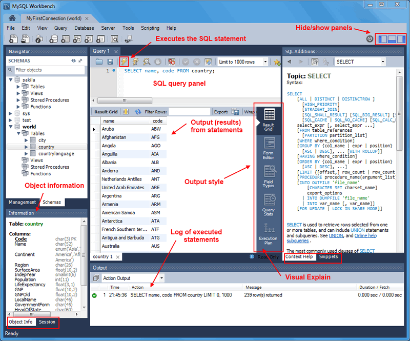 Query elements include: Execute statement icon, SQL query
panel, hide/show options, output (results) grid, output style bar, output
log, visual explain (Execution Plan style), and object information.